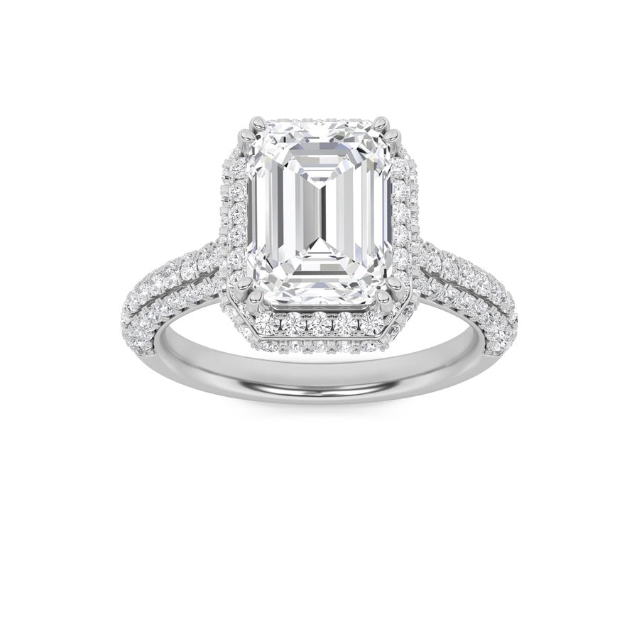 3CTW Emerald Shaped Lab Grown Diamond (F/VS) Halo Accented Engagement Ring in 14K Gold
