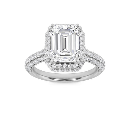 3CTW Emerald Shaped Lab Grown Diamond (F/VS) Halo Accented Engagement Ring in 14K Gold