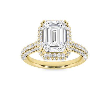 3CTW Emerald Shaped Lab Grown Diamond (F/VS) Halo Accented Engagement Ring in 14K Gold