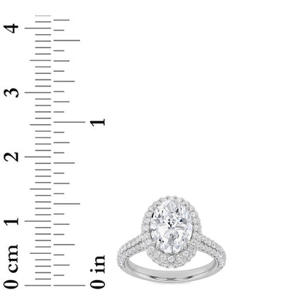 3CTW Oval Shaped Lab Grown Diamond (F/VS) Halo Accented Engagement Ring in 14K Gold