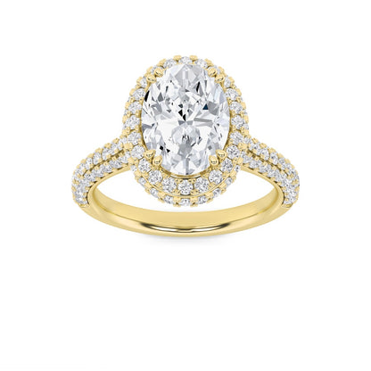3CTW Oval Shaped Lab Grown Diamond (F/VS) Halo Accented Engagement Ring in 14K Gold