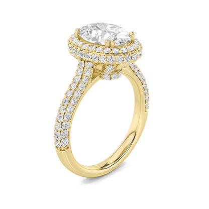 3CTW Oval Shaped Lab Grown Diamond (F/VS) Halo Accented Engagement Ring in 14K Gold