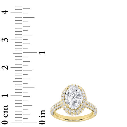 3CTW Oval Shaped Lab Grown Diamond (F/VS) Halo Accented Engagement Ring in 14K Gold