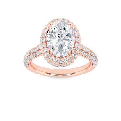 3CTW Oval Shaped Lab Grown Diamond (F/VS) Halo Accented Engagement Ring in 14K Gold