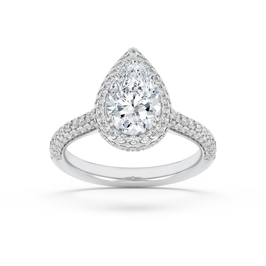 3CTW Pear Shaped Lab Grown Diamond (F/VS) Halo Accented Engagement Ring in 14K Gold