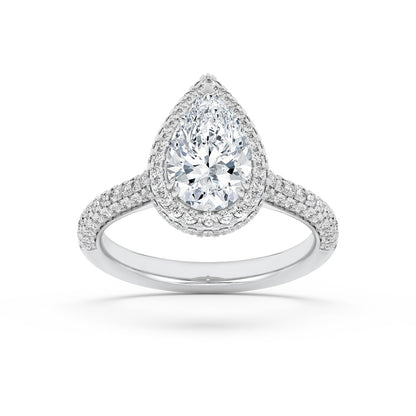 3CTW Pear Shaped Lab Grown Diamond (F/VS) Halo Accented Engagement Ring in 14K Gold