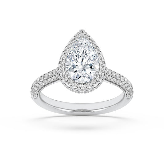 3CTW Pear Shaped Lab Grown Diamond (F/VS) Halo Accented Engagement Ring in 14K Gold