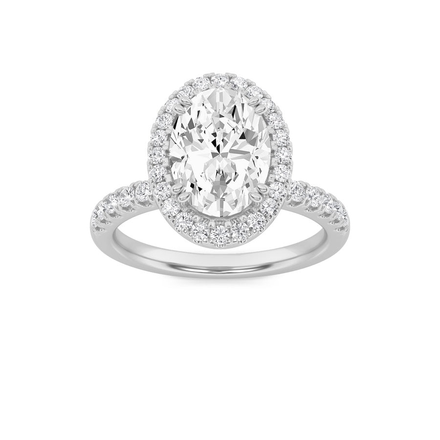 3CTW Oval Shaped Lab Grown Diamond (F/VS) Halo Accented Engagement Ring in 14K Gold