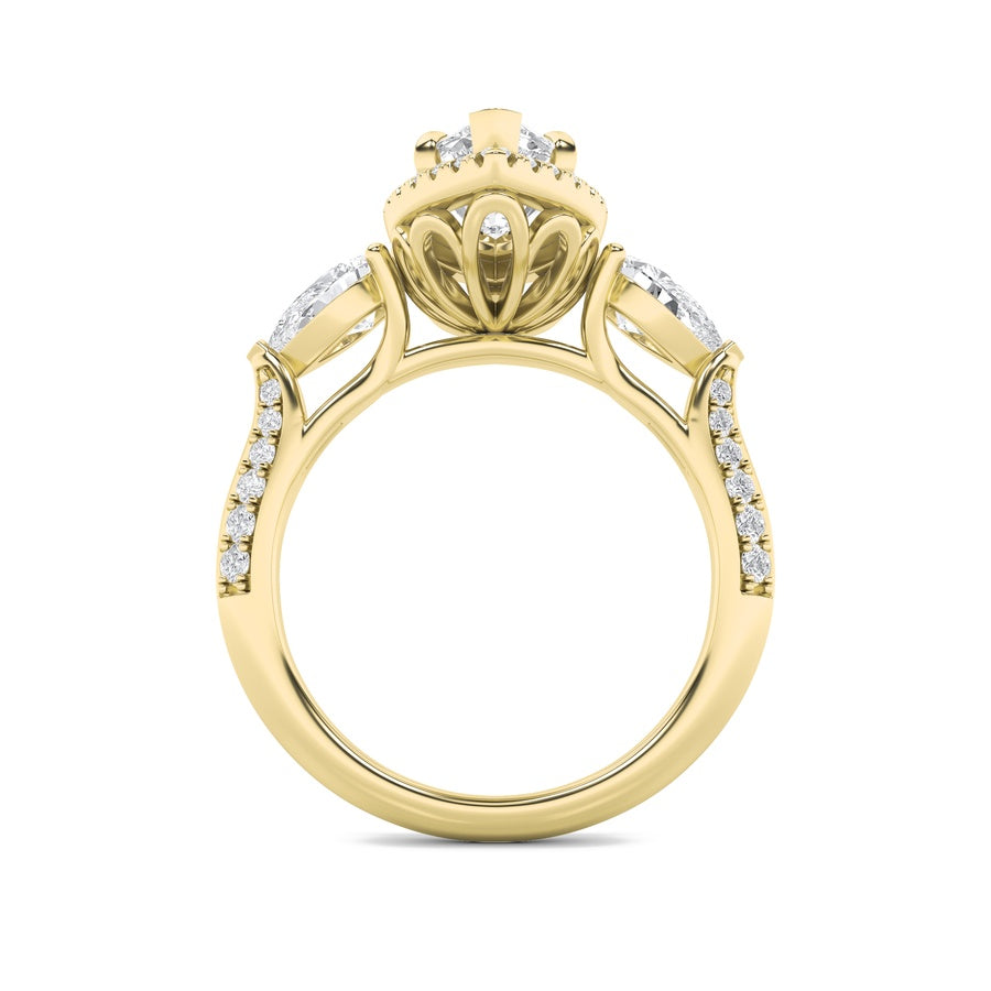 3CTW Marquise Shaped Lab Grown Diamond (F/VS) Three Stone Halo Enagement Ring in 14K Gold