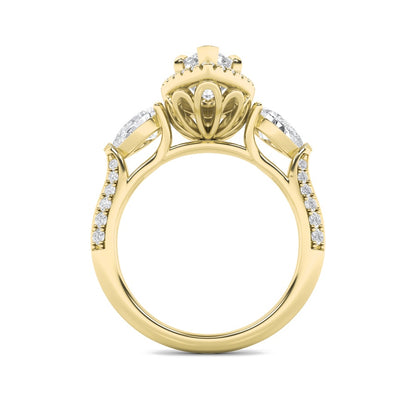 3CTW Marquise Shaped Lab Grown Diamond (F/VS) Three Stone Halo Enagement Ring in 14K Gold