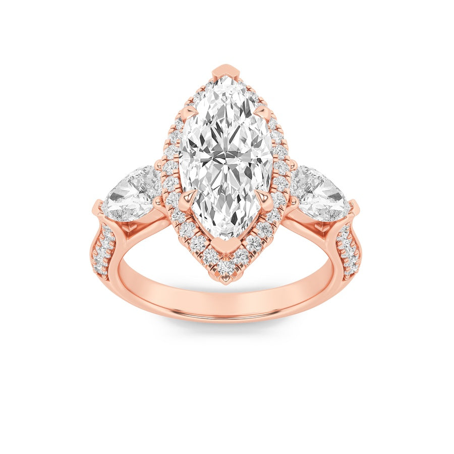 3CTW Marquise Shaped Lab Grown Diamond (F/VS) Three Stone Halo Enagement Ring in 14K Gold
