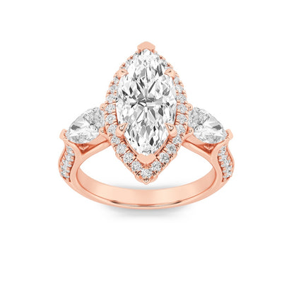 3CTW Marquise Shaped Lab Grown Diamond (F/VS) Three Stone Halo Enagement Ring in 14K Gold
