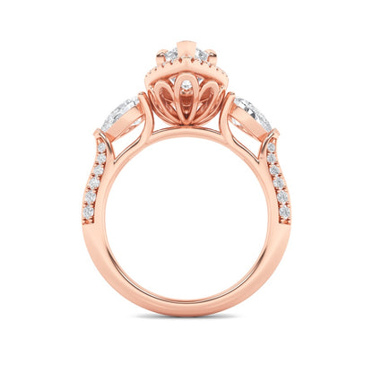 3CTW Marquise Shaped Lab Grown Diamond (F/VS) Three Stone Halo Enagement Ring in 14K Gold