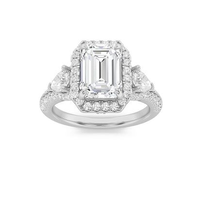3CTW Emerald Shaped Lab Grown Diamond (F/VS) Three Stone Bold Accented Engagement Ring in 14K Gold