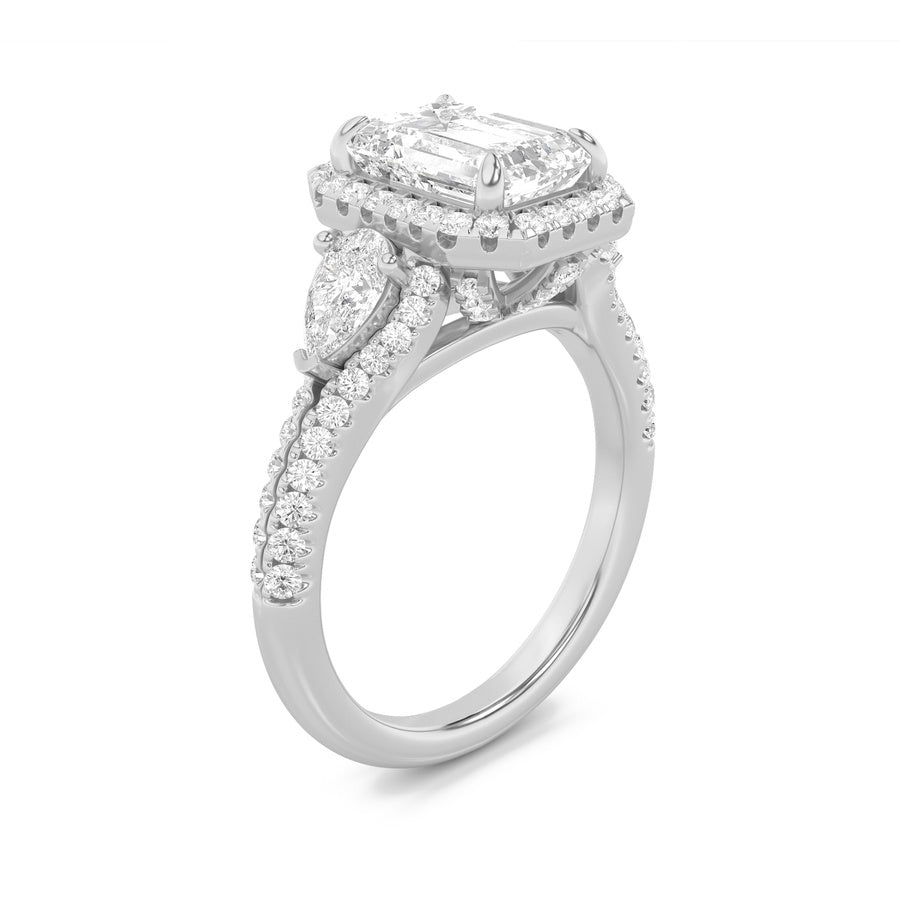 3CTW Emerald Shaped Lab Grown Diamond (F/VS) Three Stone Bold Accented Engagement Ring in 14K Gold