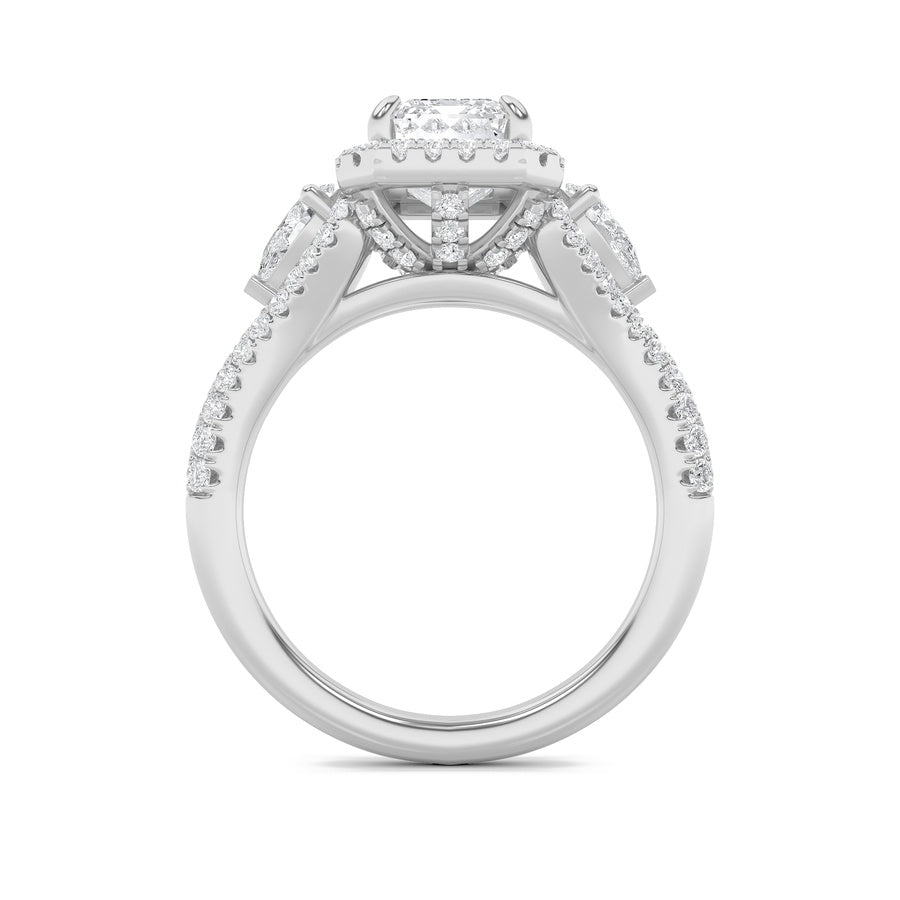3CTW Emerald Shaped Lab Grown Diamond (F/VS) Three Stone Bold Accented Engagement Ring in 14K Gold