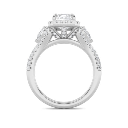 3CTW Emerald Shaped Lab Grown Diamond (F/VS) Three Stone Bold Accented Engagement Ring in 14K Gold