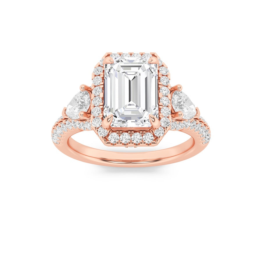 3CTW Emerald Shaped Lab Grown Diamond (F/VS) Three Stone Bold Accented Engagement Ring in 14K Gold
