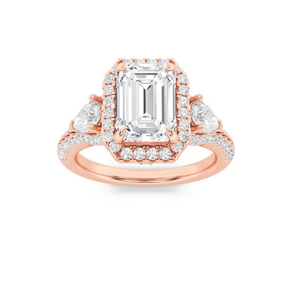 3CTW Emerald Shaped Lab Grown Diamond (F/VS) Three Stone Bold Accented Engagement Ring in 14K Gold