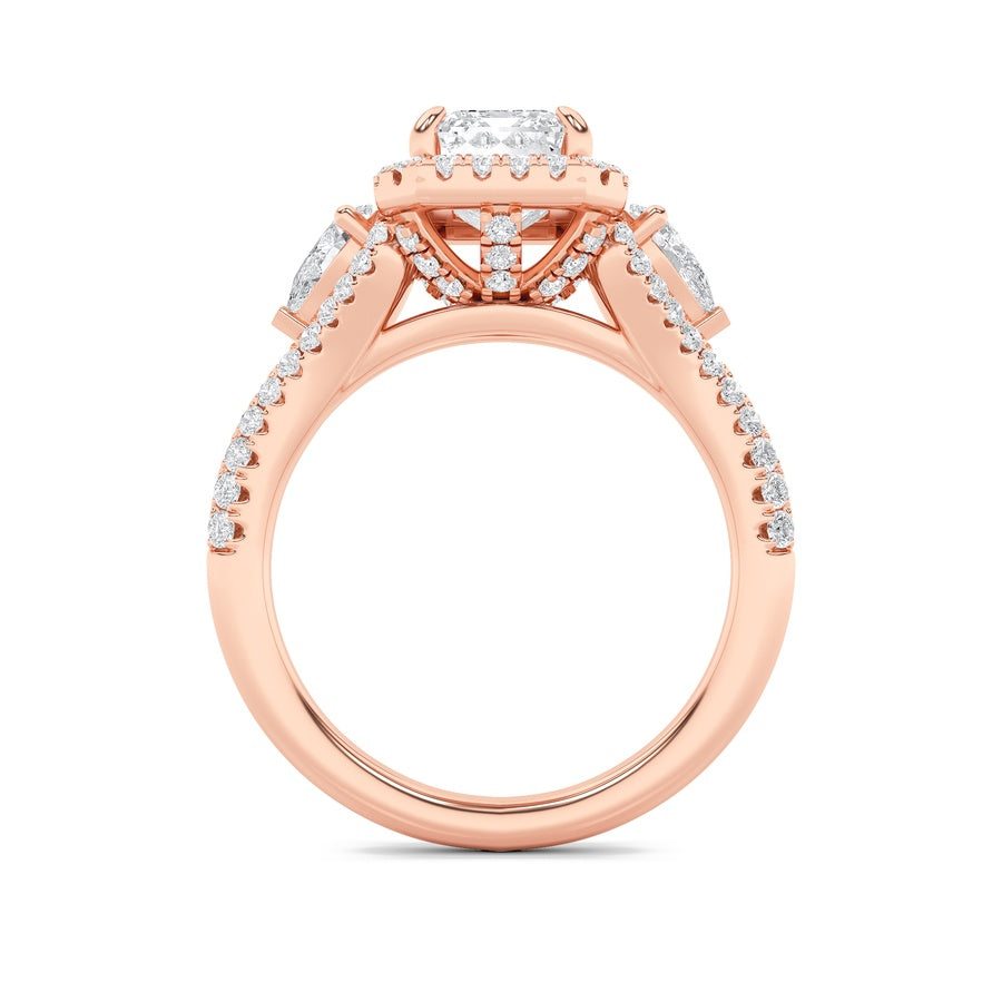 3CTW Emerald Shaped Lab Grown Diamond (F/VS) Three Stone Bold Accented Engagement Ring in 14K Gold