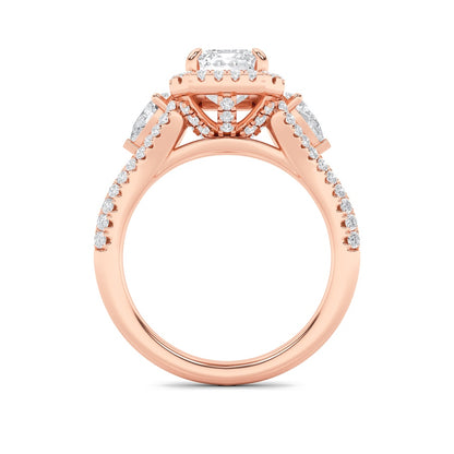 3CTW Emerald Shaped Lab Grown Diamond (F/VS) Three Stone Bold Accented Engagement Ring in 14K Gold