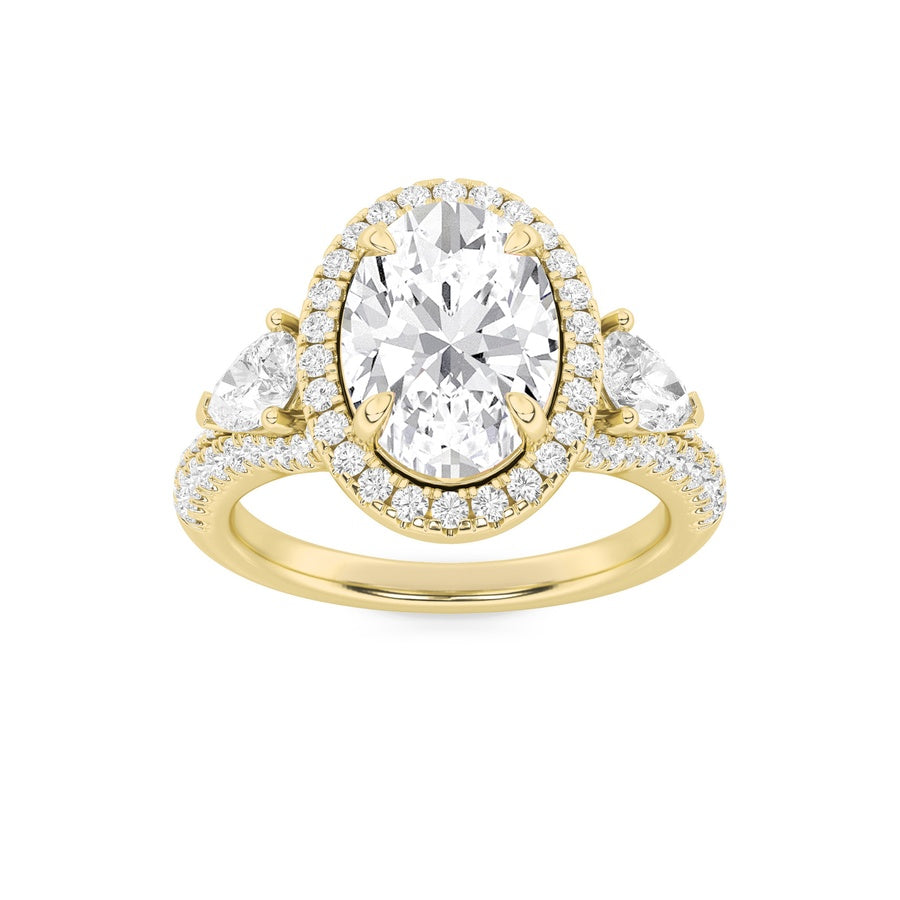 3CTW Oval Shaped Lab Grown Diamond (F/VS) Three Stone Bold Accented Engagement Ring in 14K Gold