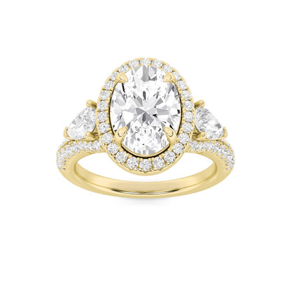3CTW Oval Shaped Lab Grown Diamond (F/VS) Three Stone Bold Accented Engagement Ring in 14K Gold