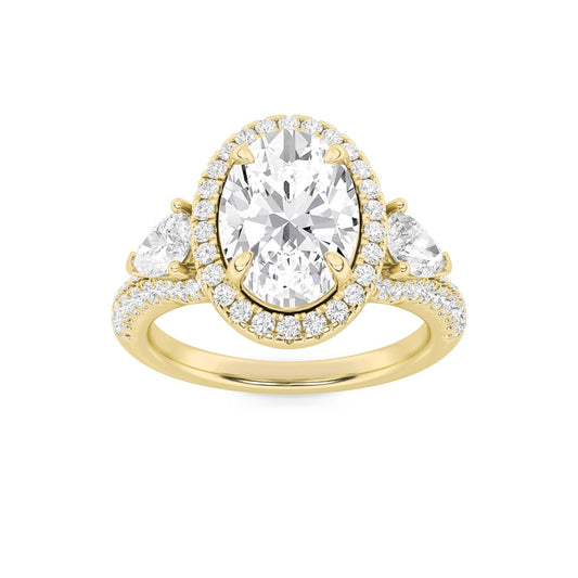 3CTW Oval Shaped Lab Grown Diamond (F/VS) Three Stone Bold Accented Engagement Ring in 14K Gold