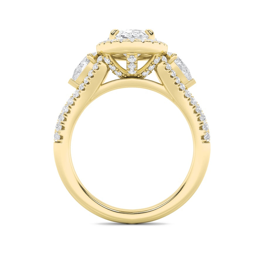 3CTW Oval Shaped Lab Grown Diamond (F/VS) Three Stone Bold Accented Engagement Ring in 14K Gold