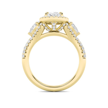 3CTW Oval Shaped Lab Grown Diamond (F/VS) Three Stone Bold Accented Engagement Ring in 14K Gold