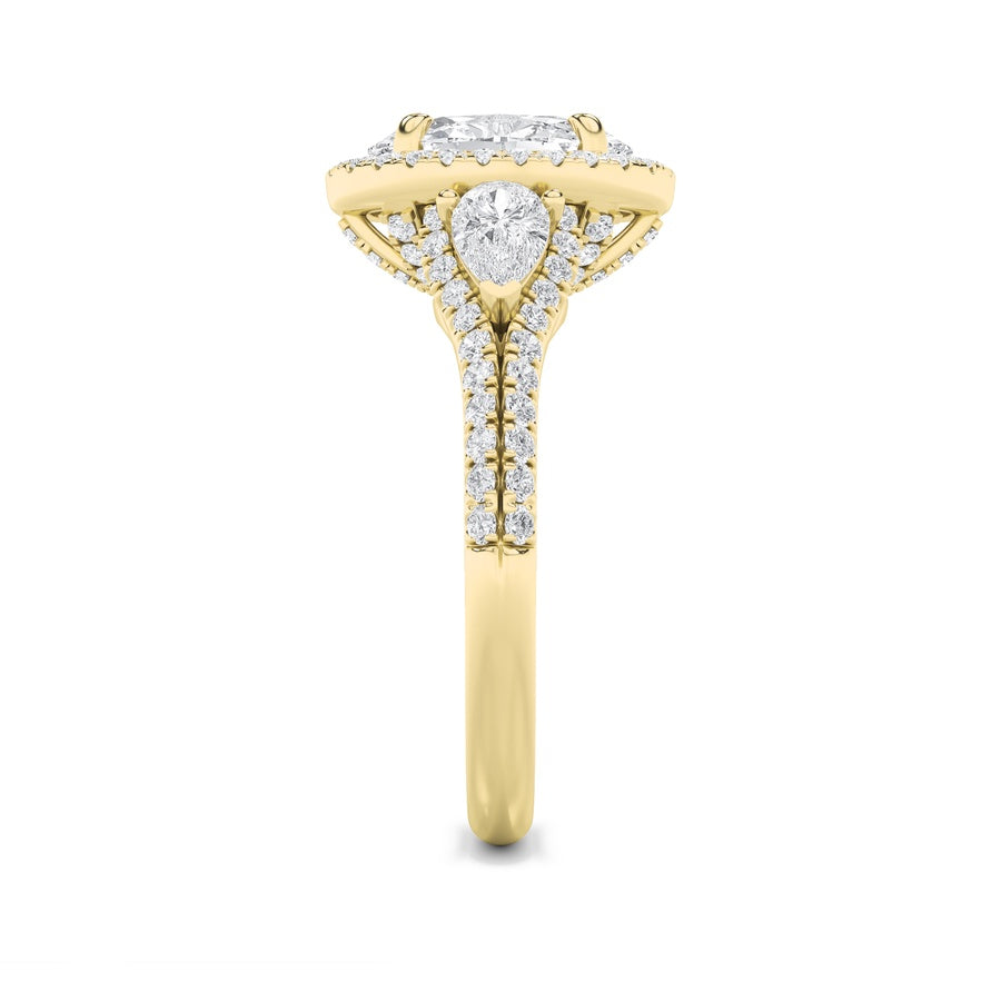 3CTW Oval Shaped Lab Grown Diamond (F/VS) Three Stone Bold Accented Engagement Ring in 14K Gold
