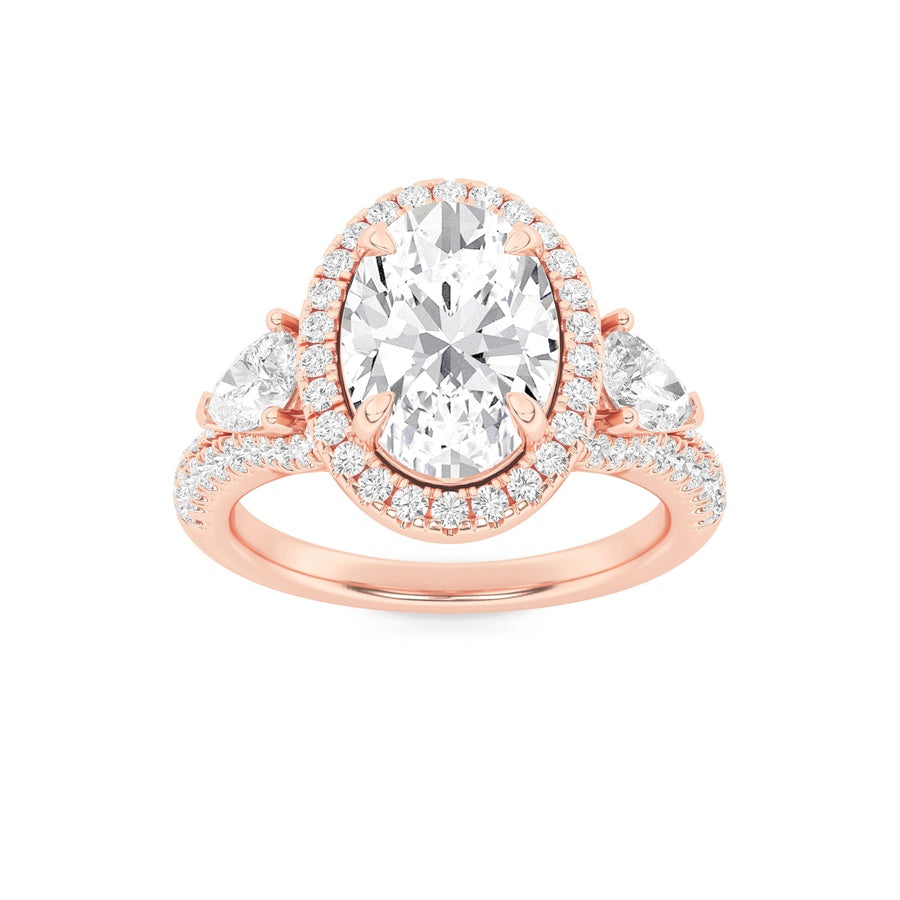 3CTW Oval Shaped Lab Grown Diamond (F/VS) Three Stone Bold Accented Engagement Ring in 14K Gold