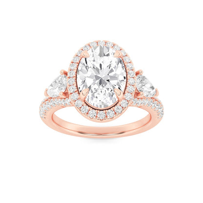 3CTW Oval Shaped Lab Grown Diamond (F/VS) Three Stone Bold Accented Engagement Ring in 14K Gold