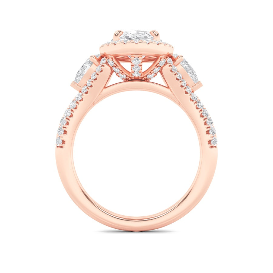 3CTW Oval Shaped Lab Grown Diamond (F/VS) Three Stone Bold Accented Engagement Ring in 14K Gold