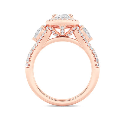 3CTW Oval Shaped Lab Grown Diamond (F/VS) Three Stone Bold Accented Engagement Ring in 14K Gold