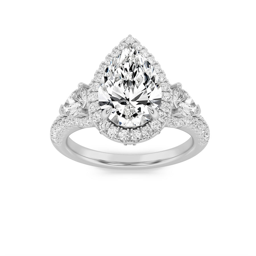 3CTW Pear Shaped Lab Grown Diamond (F/VS) Three Stone Bold Accented Engagement Ring in 14K Gold