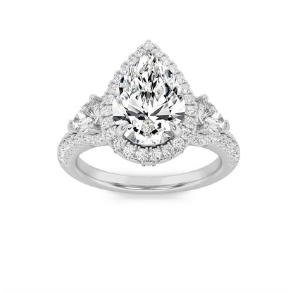 3CTW Pear Shaped Lab Grown Diamond (F/VS) Three Stone Bold Accented Engagement Ring in 14K Gold