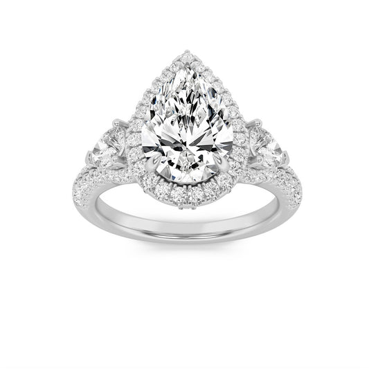 3CTW Pear Shaped Lab Grown Diamond (F/VS) Three Stone Bold Accented Engagement Ring in 14K Gold