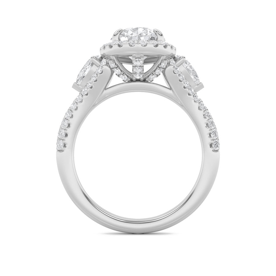 3CTW Pear Shaped Lab Grown Diamond (F/VS) Three Stone Bold Accented Engagement Ring in 14K Gold