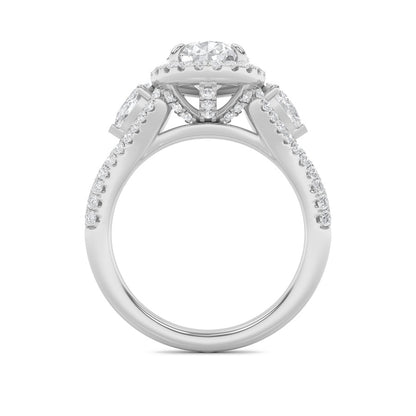 3CTW Pear Shaped Lab Grown Diamond (F/VS) Three Stone Bold Accented Engagement Ring in 14K Gold