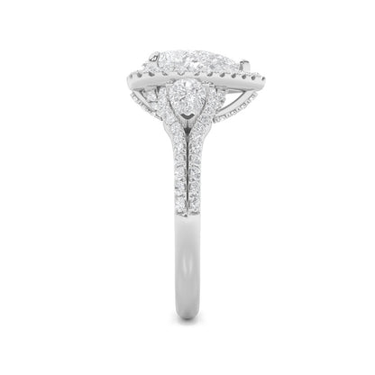 3CTW Pear Shaped Lab Grown Diamond (F/VS) Three Stone Bold Accented Engagement Ring in 14K Gold