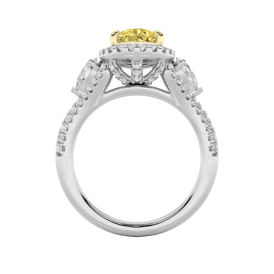 3CTW Pear Shaped Lab Grown Diamond (F/VS) Three Stone Bold Accented Engagement Ring in 14K Gold