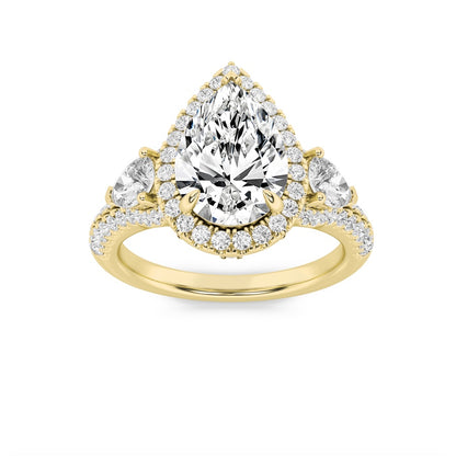 3CTW Pear Shaped Lab Grown Diamond (F/VS) Three Stone Bold Accented Engagement Ring in 14K Gold