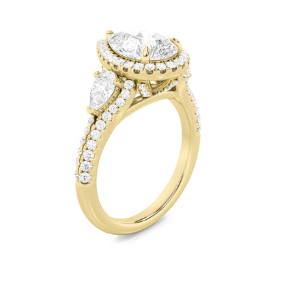 3CTW Pear Shaped Lab Grown Diamond (F/VS) Three Stone Bold Accented Engagement Ring in 14K Gold
