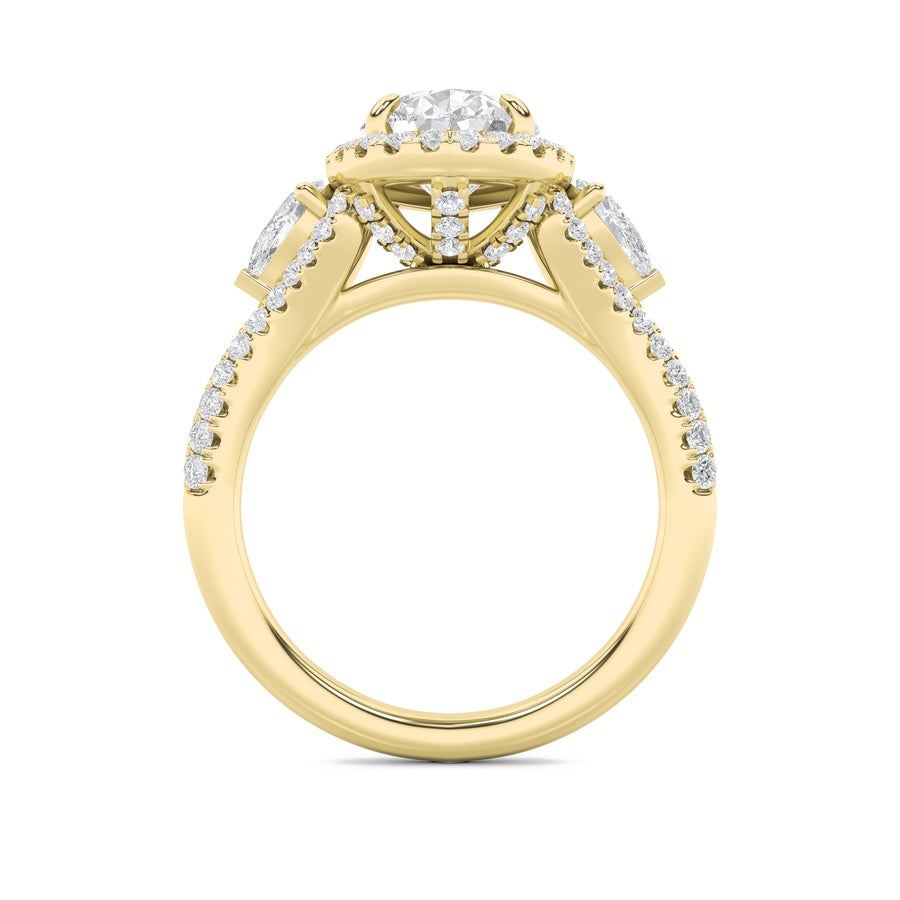 3CTW Pear Shaped Lab Grown Diamond (F/VS) Three Stone Bold Accented Engagement Ring in 14K Gold