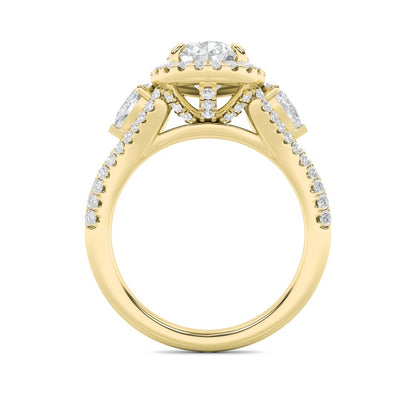 3CTW Pear Shaped Lab Grown Diamond (F/VS) Three Stone Bold Accented Engagement Ring in 14K Gold