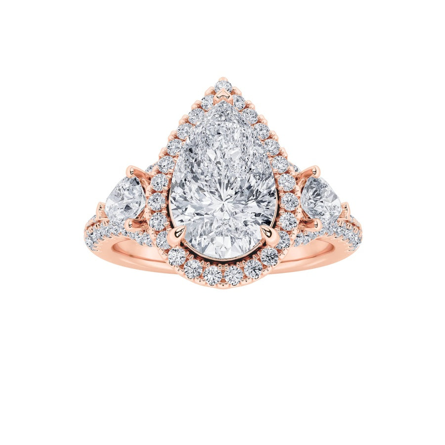 3CTW Pear Shaped Lab Grown Diamond (F/VS) Three Stone Bold Accented Engagement Ring in 14K Gold