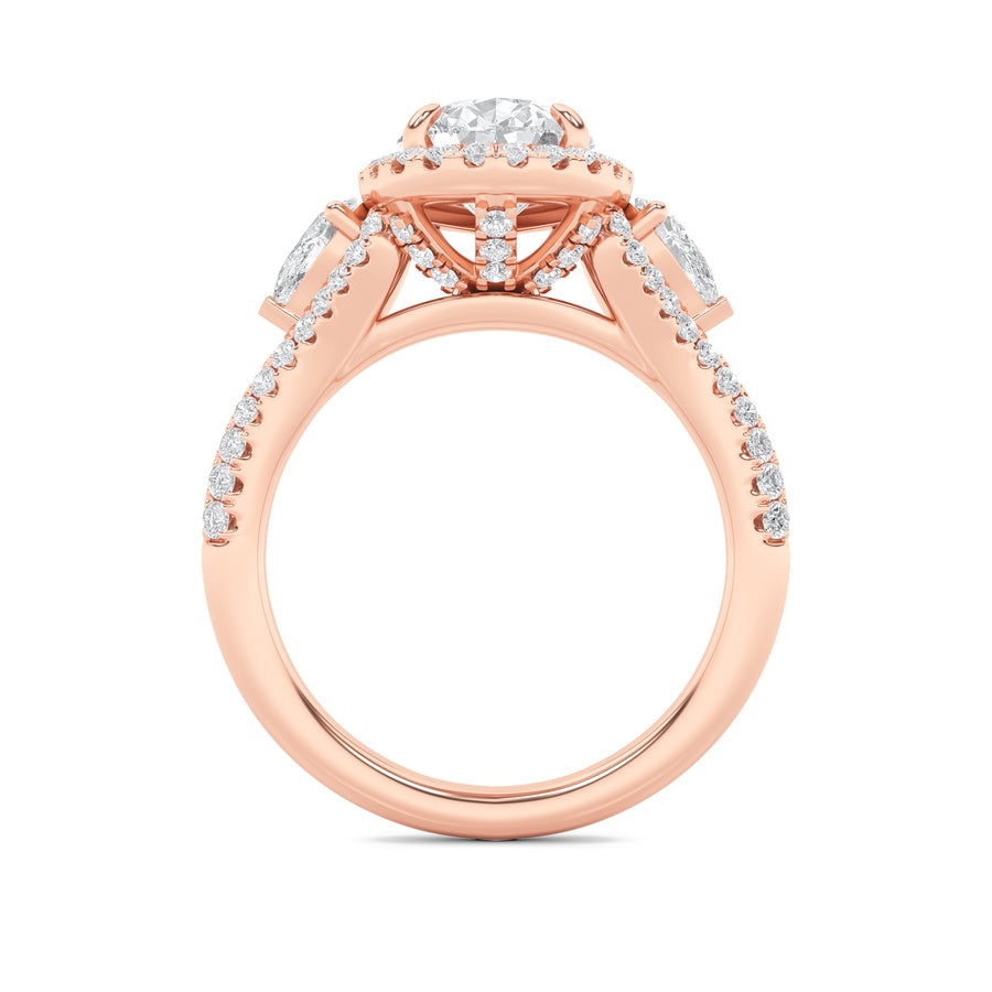 3CTW Pear Shaped Lab Grown Diamond (F/VS) Three Stone Bold Accented Engagement Ring in 14K Gold