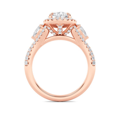 3CTW Pear Shaped Lab Grown Diamond (F/VS) Three Stone Bold Accented Engagement Ring in 14K Gold