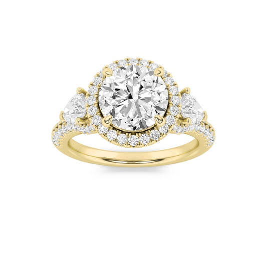 3CTW Round Shaped Lab Grown Diamond (F/VS) Three Stone Bold Accented Engagement Ring in 14K Gold